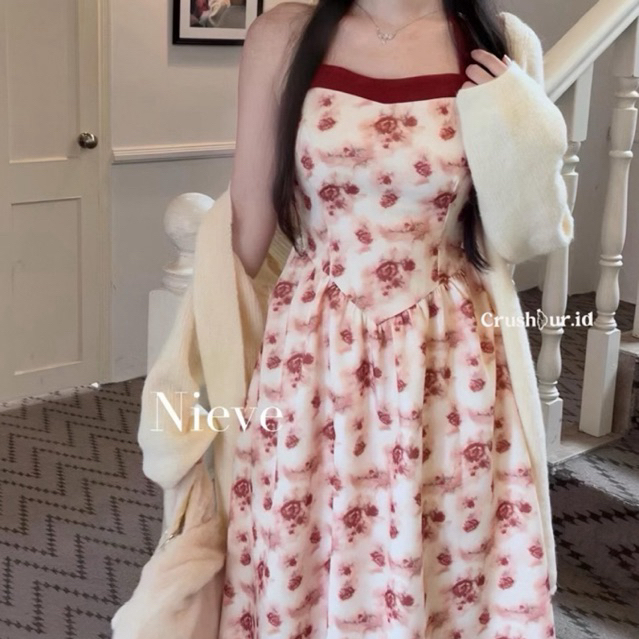 Ay00 Crushour Xingli Dress Dress Wanita Panjang Halter Tali Satu Korean Style Motif Bunga Bunga