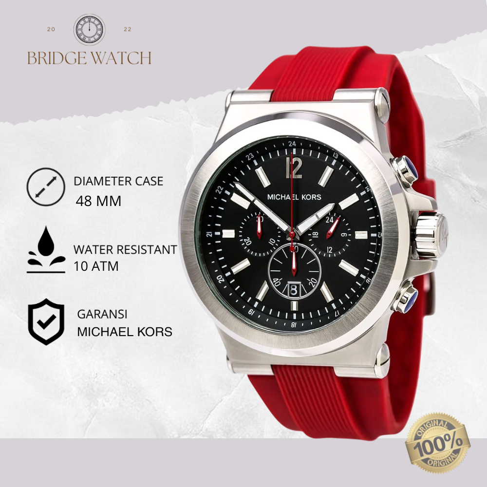 Jam Tangan Pria Michael Kors Dylan MK8169 Red Rubber Strap Merah Black Dial Chronograph Sport Mewah 