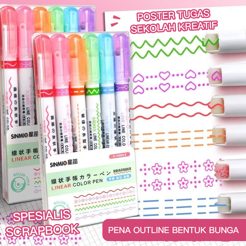 

Spidol Warna 6 Warna Penyorot/Garis Besar Bunga bergelombang motif Lucu roller pen Higlighter Random
