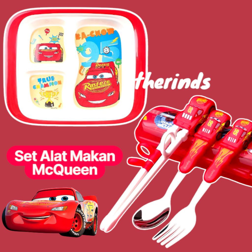 Piring Sendok Garpu Sumpit McQueen | Set Alat Makan Anak Karakter McQueen | Peralatan Makan Anak Len