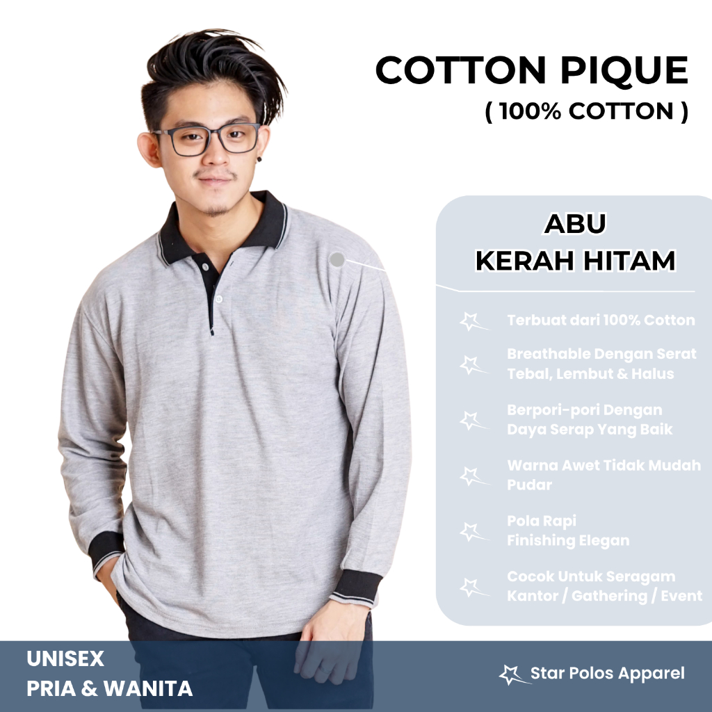 Kaos kerah katun 100% lengan panjang ABU KERAH HITAM pria wanita