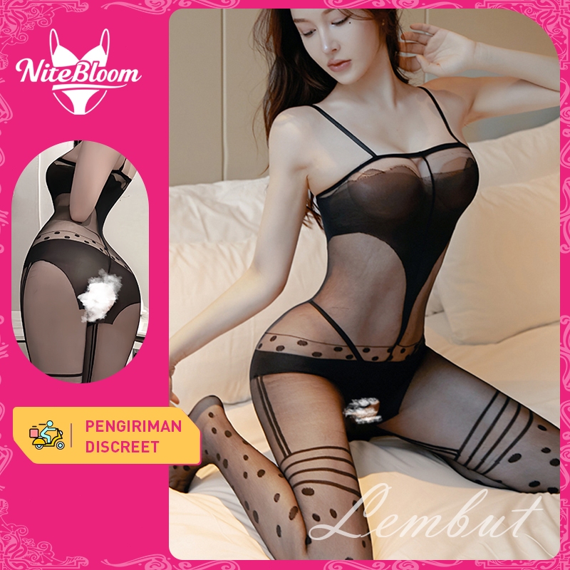 NiteBloom Pengiriman Rahasia Stocking Sexy Wanita Kaos KaKi One Set Baju Tidur Sexy LIngerie