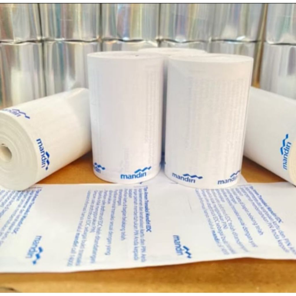 

Kertas struk thermal 57x40 logo Bank mandiri isi 5 roll EDC mini printer bluetooth