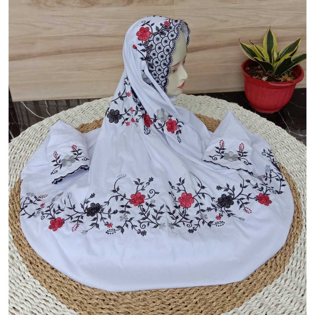 MUKENA TERUSAN PUTIH KATUN BORDIR BUNGA LAJURAN SANTRI KUDUS