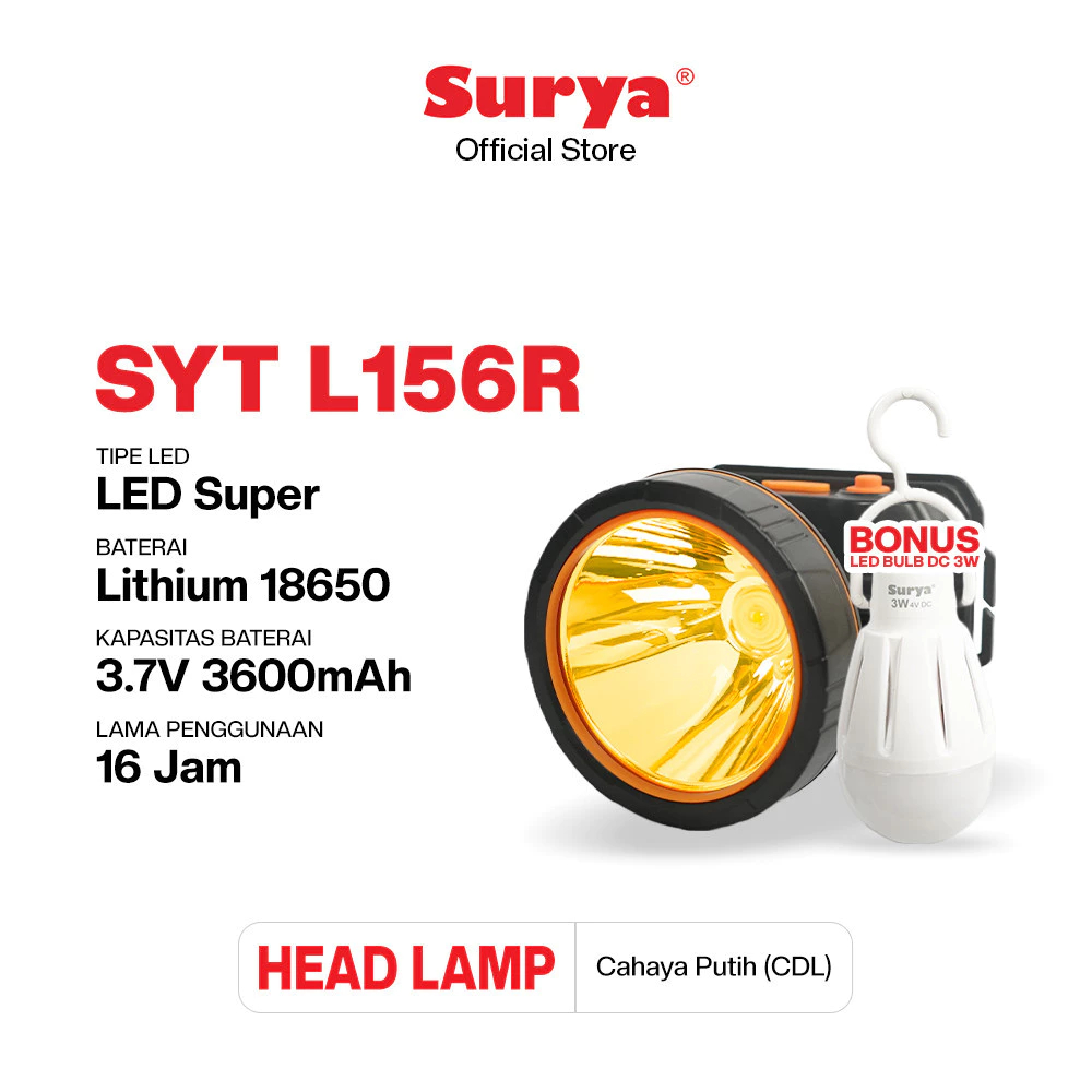 Senter Kepala LED Surya SYH L156R  Rechargeable Cahaya Kuning