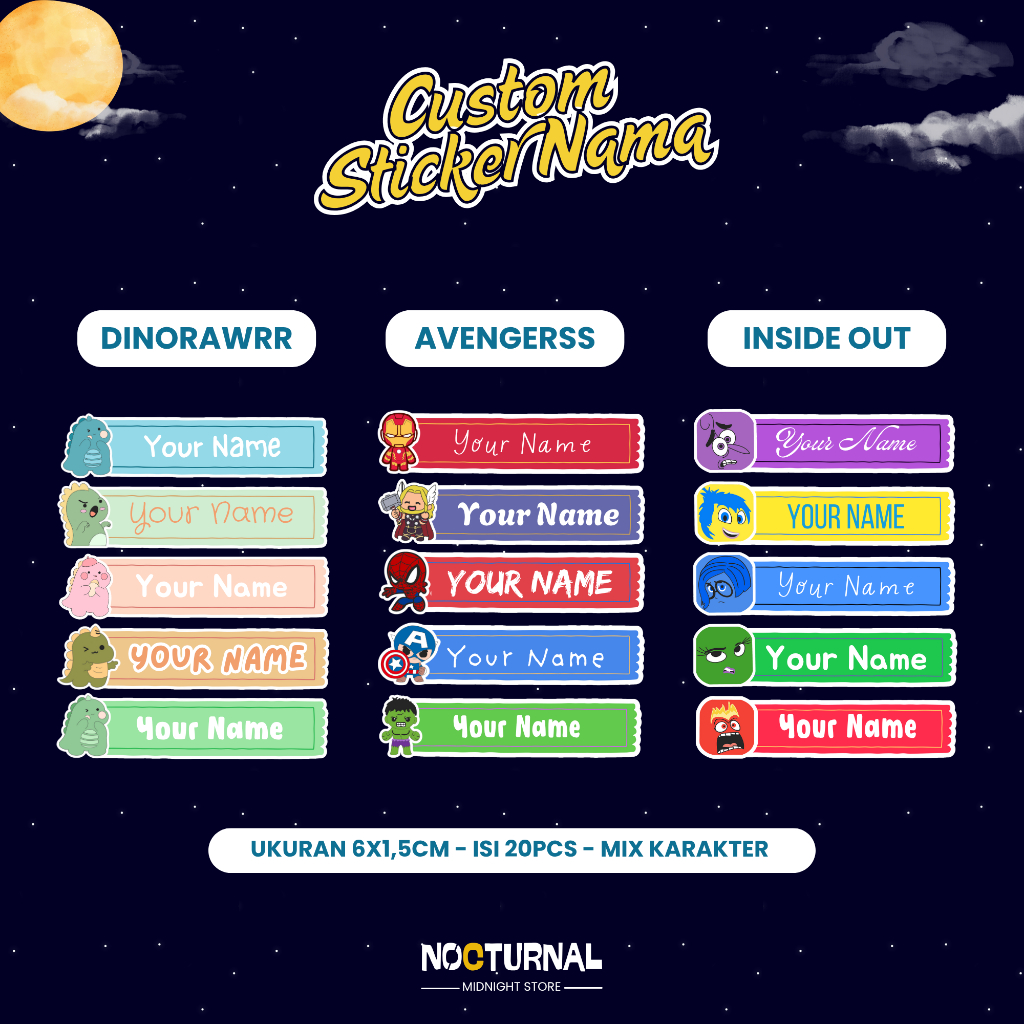 

(Isi 20 pcs) Stiker Label Nama Custom Lucu – Bisa Request Nama, Tema, dan Font Gemes Sesuai Selera