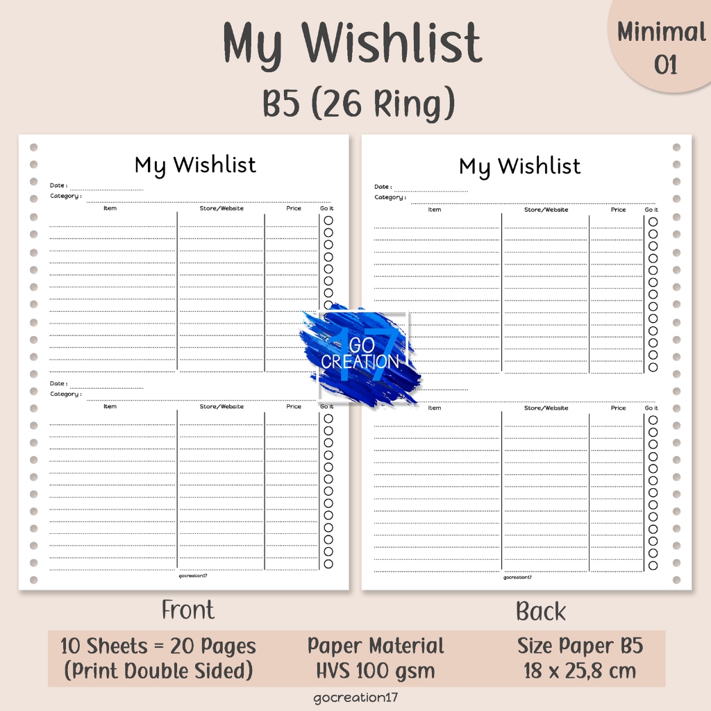 

Kertas Isi Binder Planner My Wishlist Simple Minimalis B5
