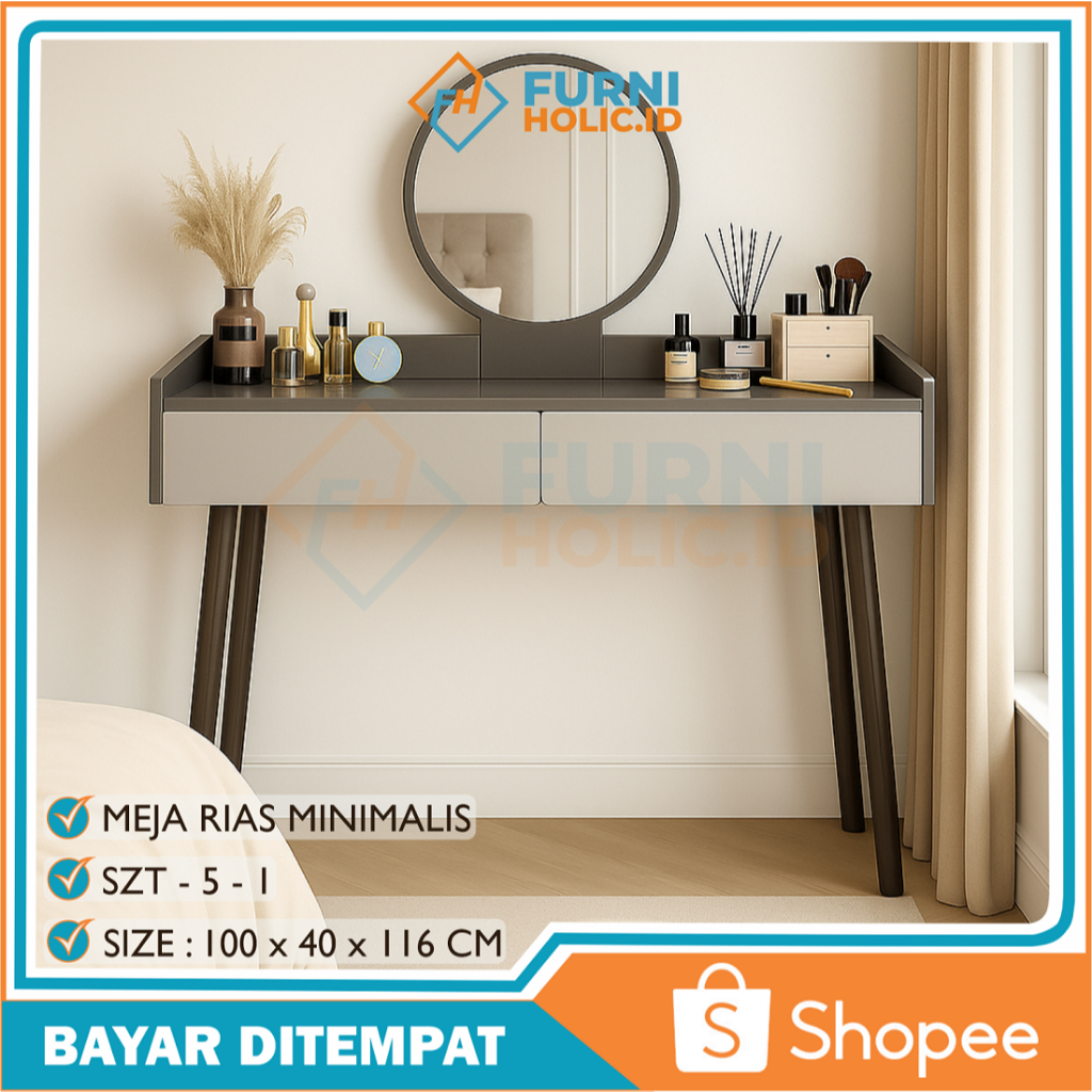 FURNIHOLIC Meja Rias Minimalis / Meja Rias Kaca Aesthetic / Meja Rias kayu / Dressing Table Modern