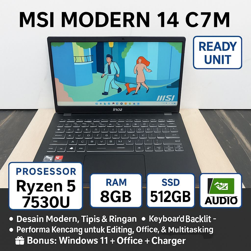 MSI Modern 14 AMD Ryzen 5 7530U RAM 8 GB SSD 512 GB Laptop Ultrabook Premium Second Like New
