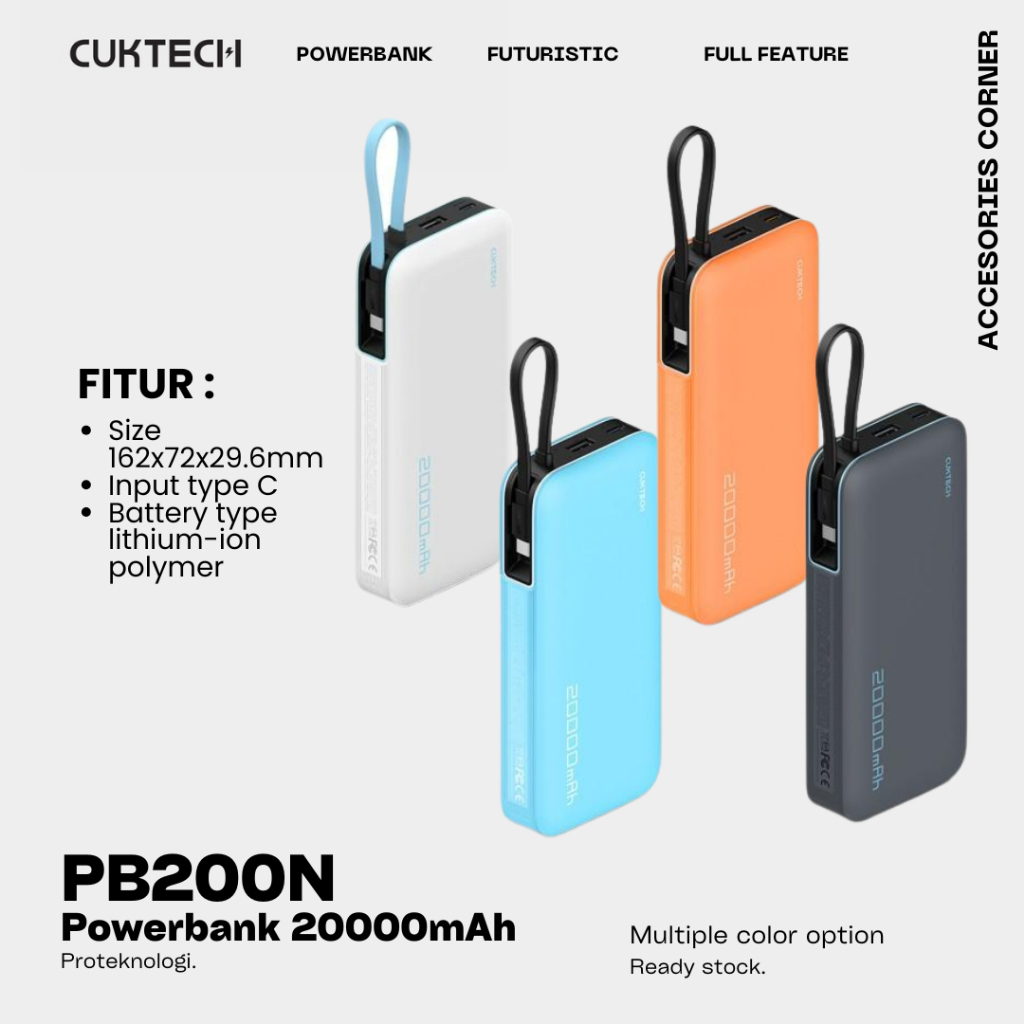 CUKTECH PB200N 20000mAh Powerbank Built In Cable 55W Type C Fast Charging