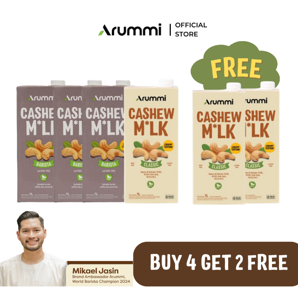 

(Buy 4 Get 2 Free) Arummi Cashew Milk - Mix Budnle Classic & Barista 1Liter - Susu Kacang Mede Lokal Dairy & Lactose Free