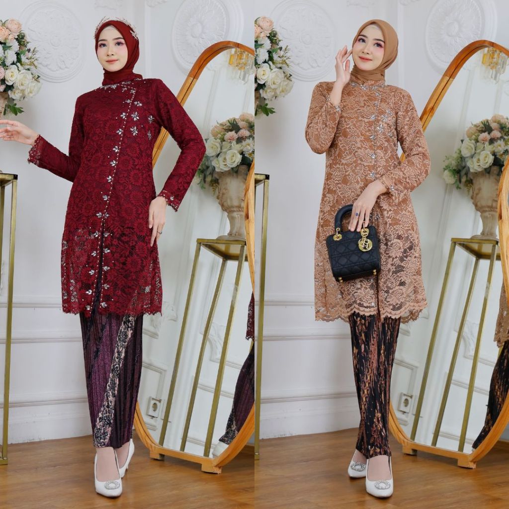 Setelan Kebaya Tunik Brokat Payet Syafira Mocca Dan Pilihan Warna Lain