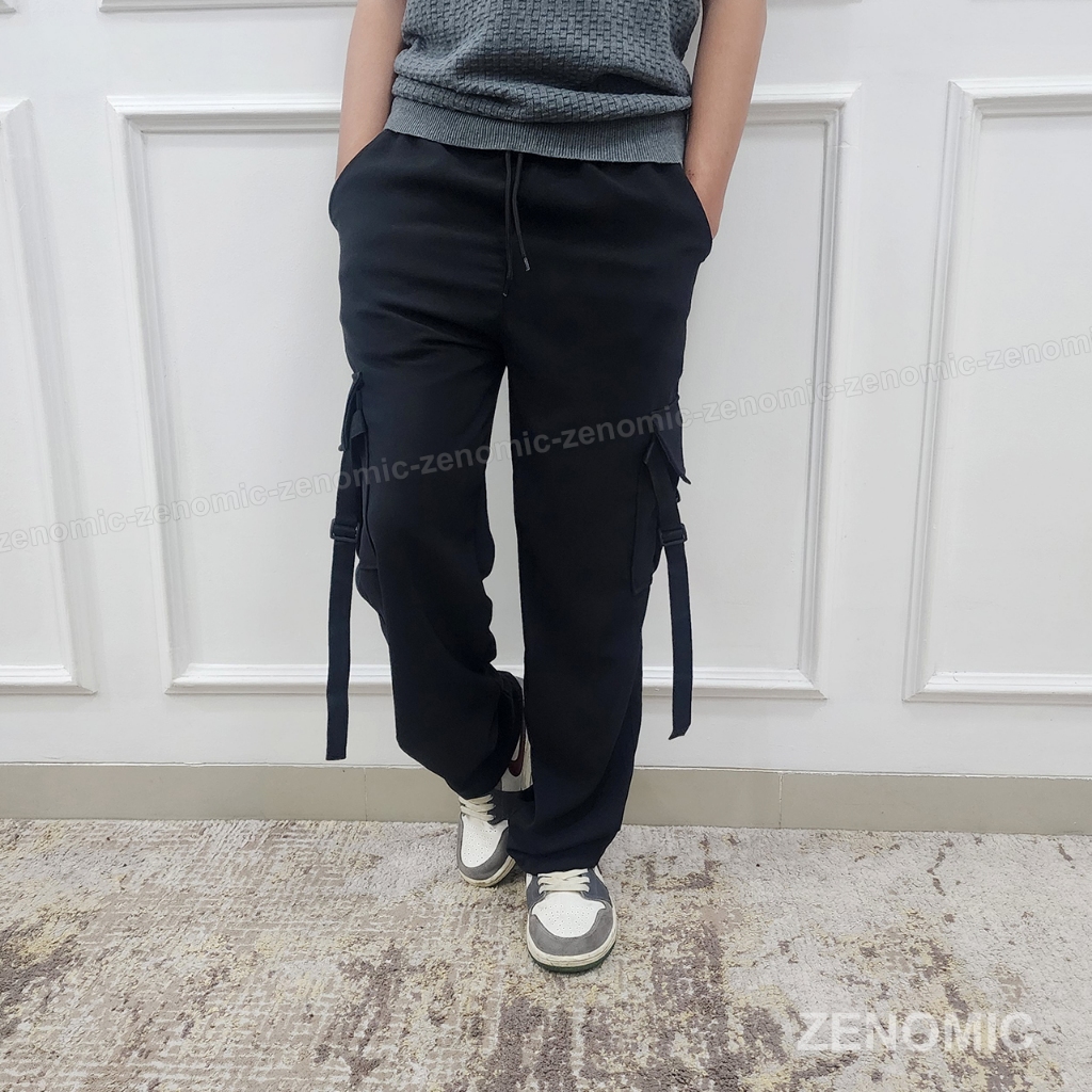 Celana Skena Pria Cargo Oversize Panjang Black Loose Pants Korean Style Gombrong longgar dewasa