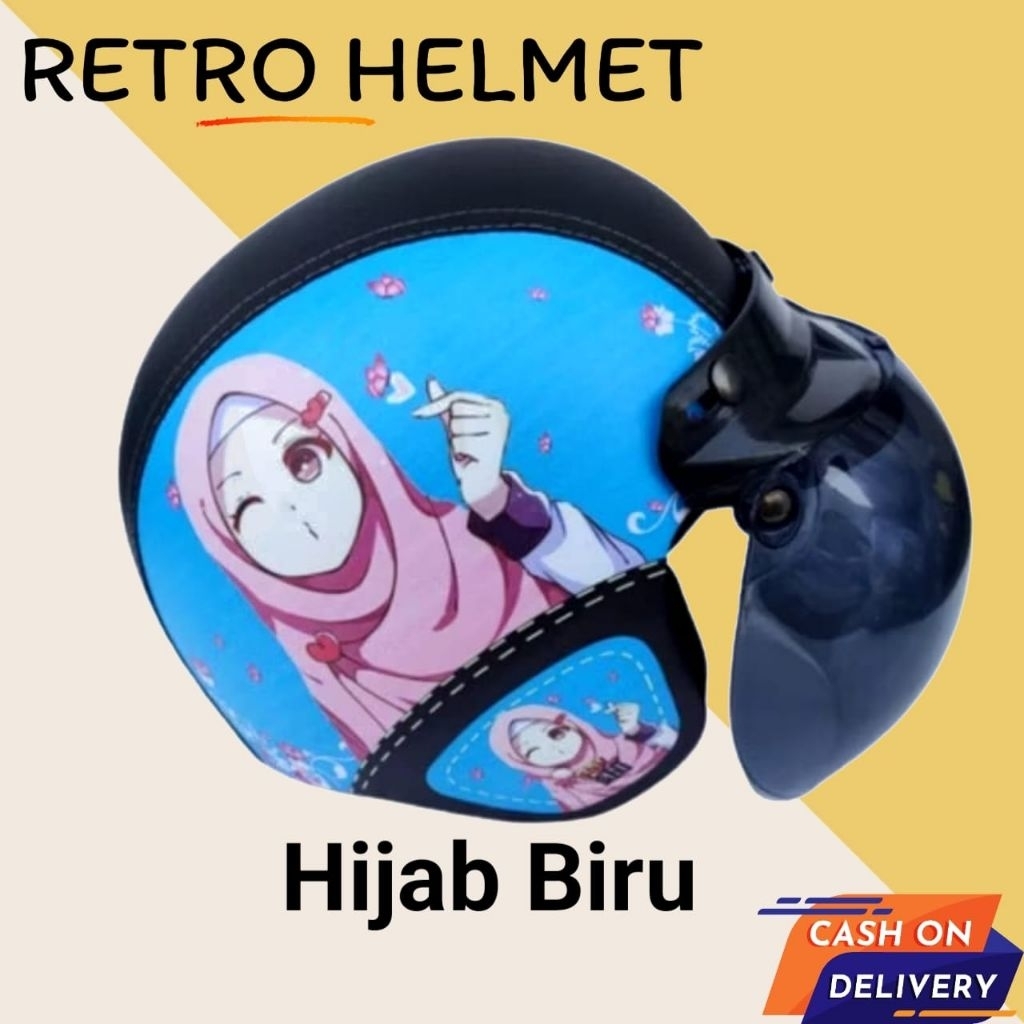 [Murmer] Helm Bogo Retro Dewasa Motif Hijab Biru karakter Free Kaca (Cembung)