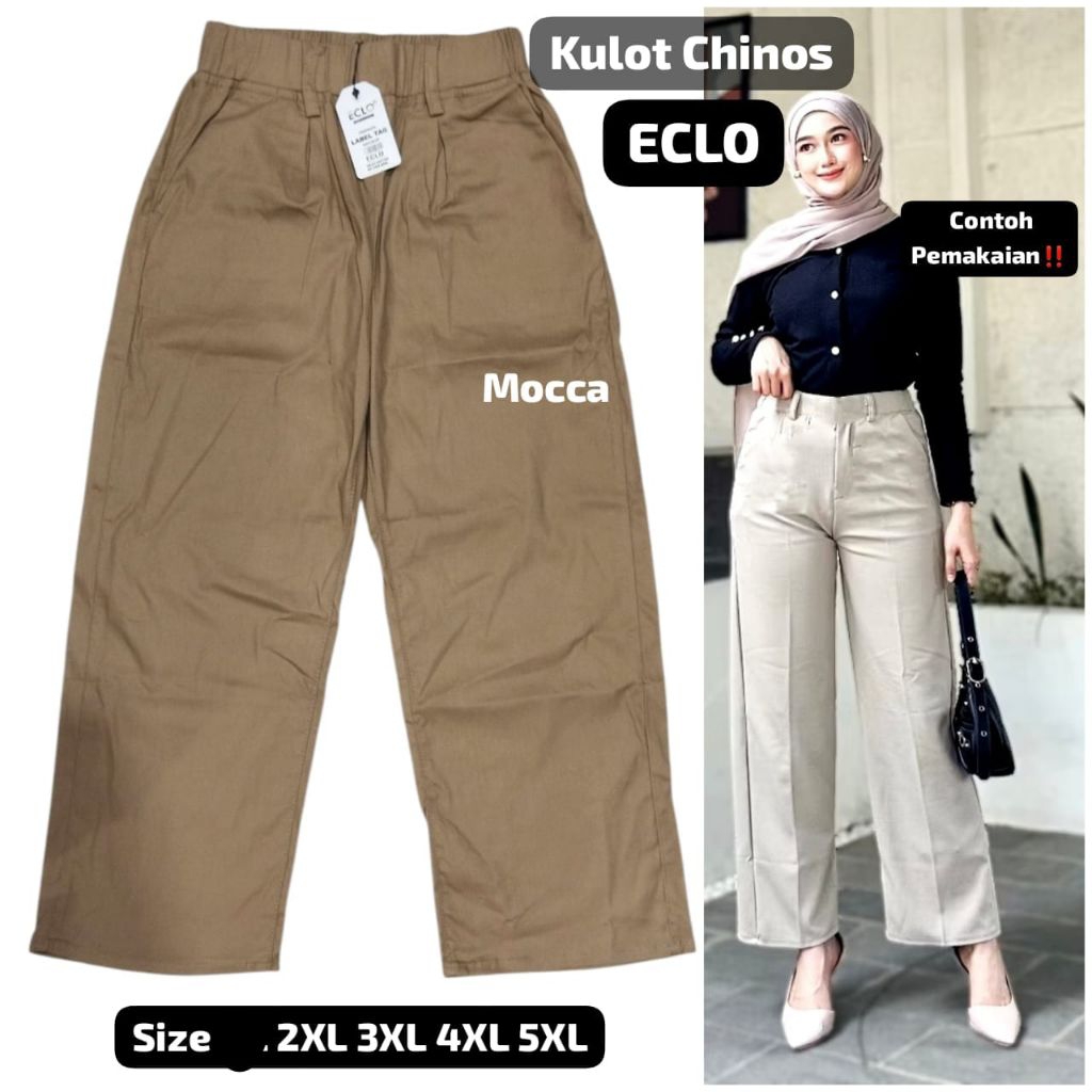 Celana wanita Kulot chinos ECLO Bahan chinos tebal, nyaman dipakai pinggang kolor.