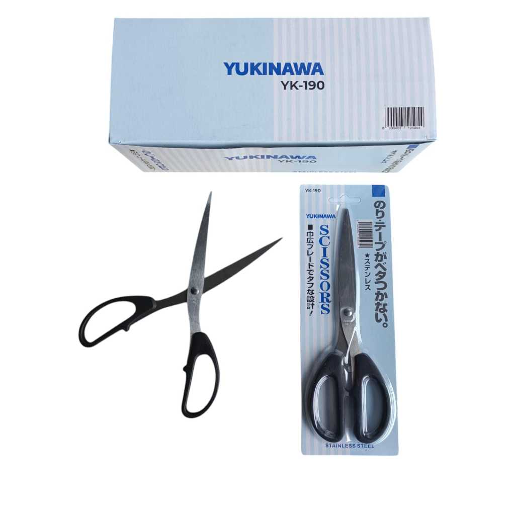 Gunting Kertas Kain Tajam lancip Stainless Steel Ukuran Kecil Medium Sedang Tanggung Besar 12 16 20 cm 4 inch 12CM 6 inch 16CM 8 inch 20CM Baja Tahan Karat Kuat Scissors Multifungsi Gagang Hitam YUKINAWA YK-150 TK-170 YK-190 Soft Grip Gunting Kantor ATK