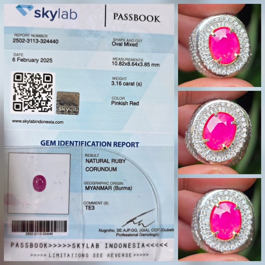 Batu Ruby Burma Myanmar Sertifikat 3.16 crt