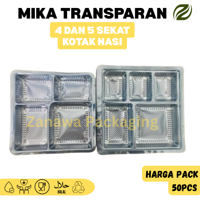 Mika Transparan 4 dan 5 sekat Kotak Nasi Ukuran 18x18 dan 20x20 - Harga Perpack isi 50pcs