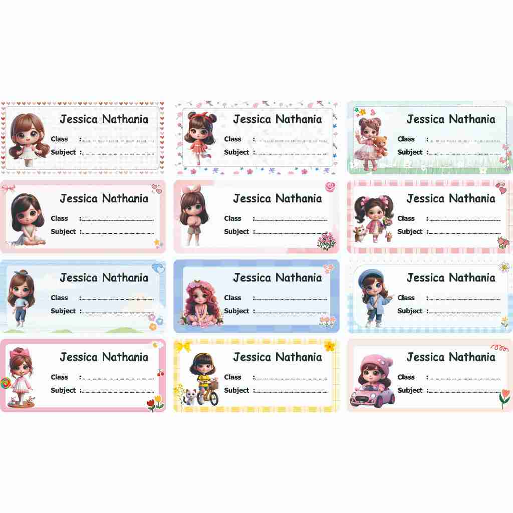 

Ay00! 36 pcs Stiker label buku Mapel sekolah custom nama motif cewek -part 2