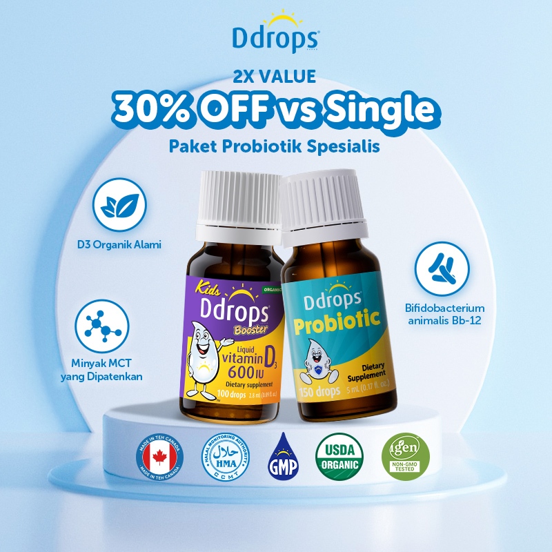 Ddrops Anak Immune Support Kombinasi – Vitamin D3 Cair 600IU + Probiotik Bifidobacterium | Imunitas 