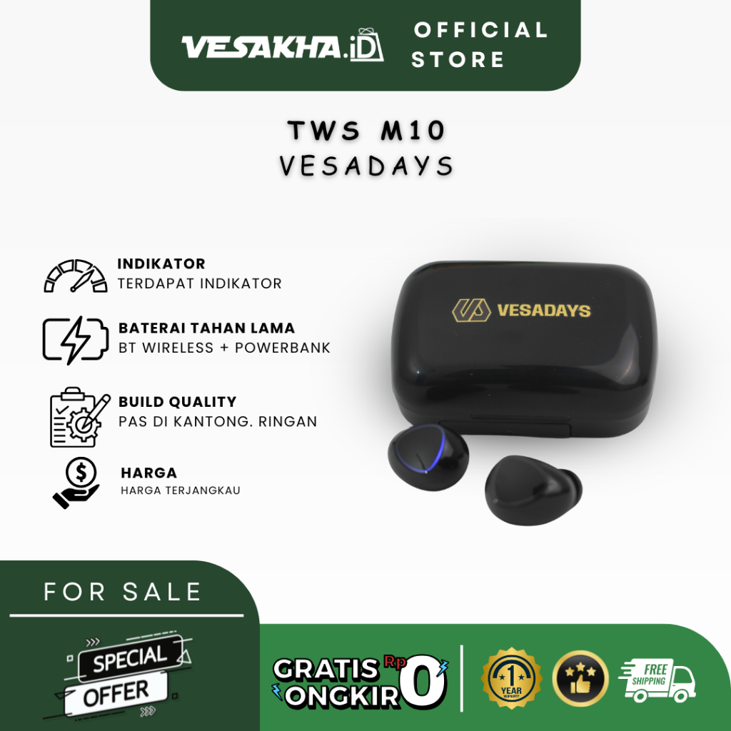 VESADAYS TWS M10 BT Wireless + Powerbank V5.3 Newest Digital Indicator LED Luxury Display dan Touch 