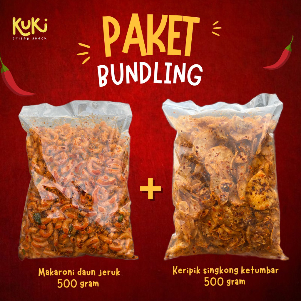 

PAKET BUNDLING 1KG (keripik singkong ketumbar 500 gram + makaroni daun jeruk 500 gram), cemilan pedas