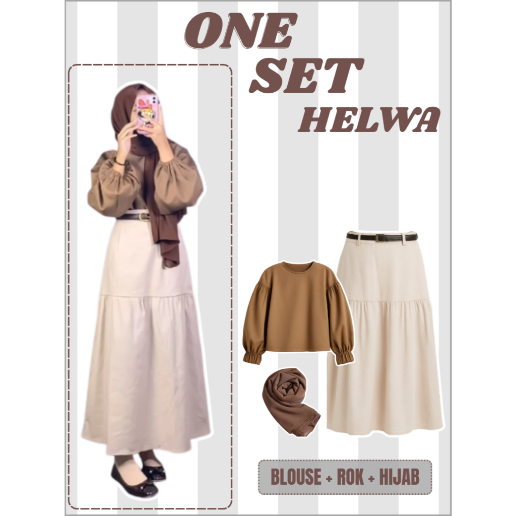 Setelan Wanita Korea Style (Blouse + Rok + Hijab) Oneset Simpel Kekinian