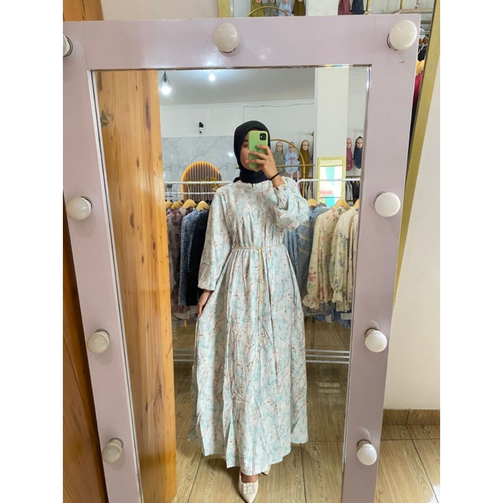 BIRUNI gamis rayon motif Daun & garis