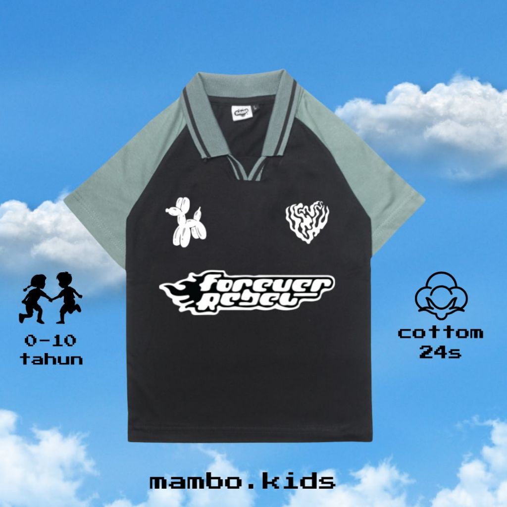 mambo.kids - polo shirt anak FOREVER cotton 24s Reglan umur 1-10 tahun jersey vintage - hitam