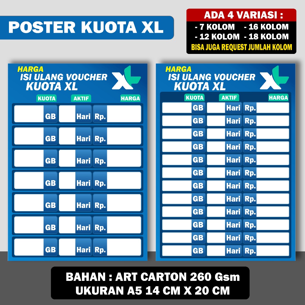 

POSTER KONTER DAFTAR HARGA ISI ULANG KUOTA VOUCHER XL ( CUSTOM )