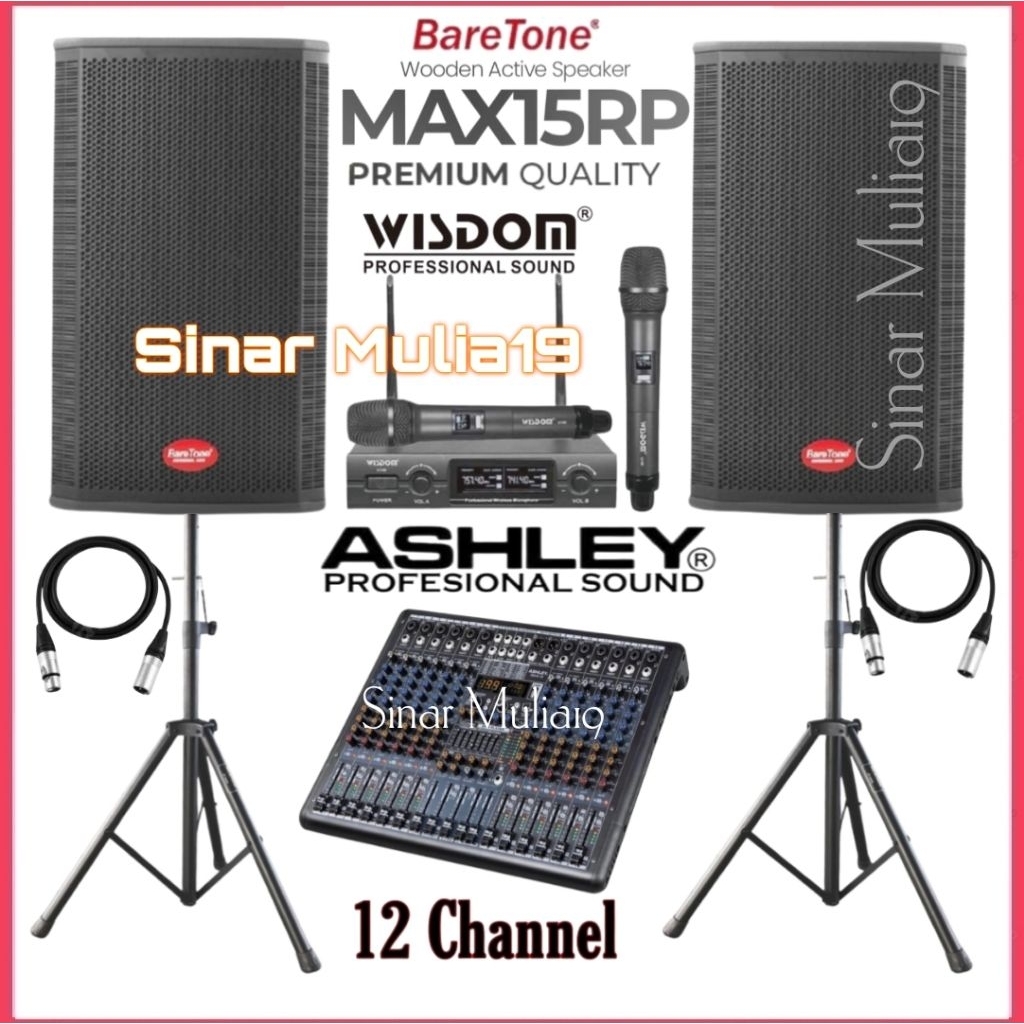 Paket Sound System Outdoor Speaker Aktif BareTone MAX15RP [ Box Kayu ]  Mixer Ashley 12 Channel Mic 