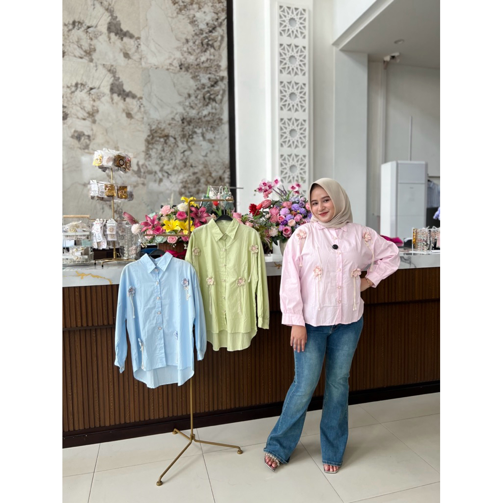 POPLIN BUNGA TEMPEL 050 || ATASAN WANITA BLOUSE BUNGA TEMPEL 3D