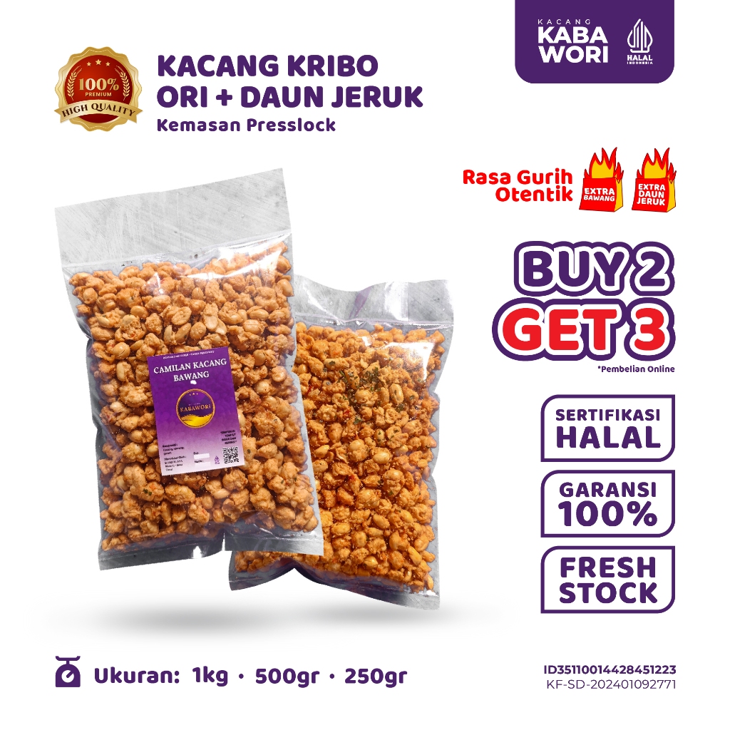 

BUY 2 GET 3 (GRATIS 1) Kacang Kribo/Kacang Medan+Daun Jeruk Merk Kabawori Rasa Original Khas Malang