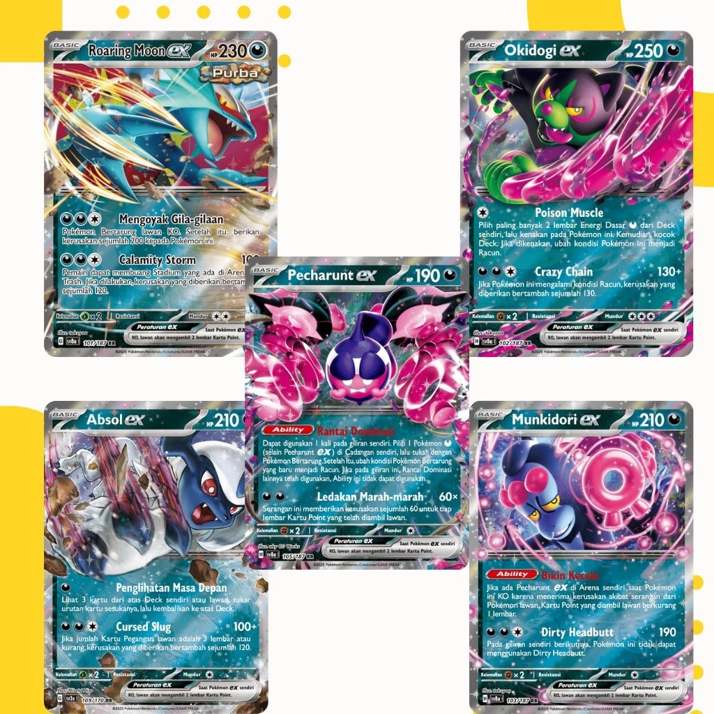 TCG POKEMON BAHASA INDONESIA Absol EX, Roaring Moon EX, Pecharunt EX, Mukidori EX, Okidogi EX