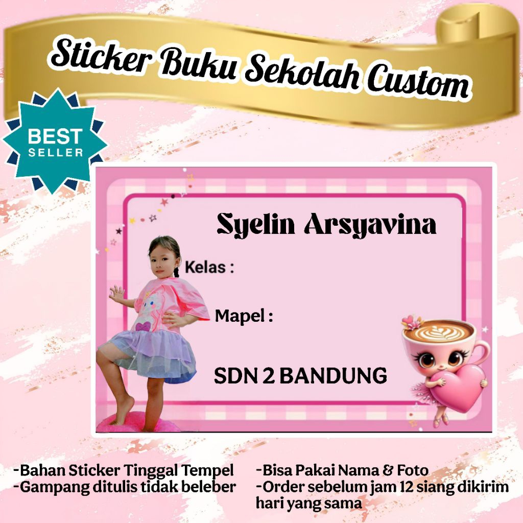 

(ISI 50 PCS) SUDAH ADA LEM STICKER LABEL BUKU SEKOLAH CUSTOM NAMA & FOTO MOTIF BALLERINA CAPUCHINA