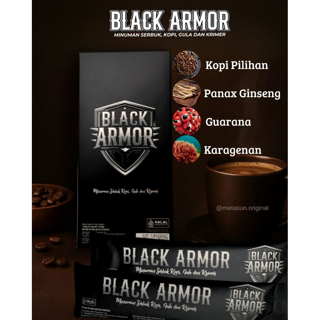 

1 SACHET BLACK ARMOR COFFEE, GINSENG COFFEE, KOPI HERBAL HALAL DAN BPOM