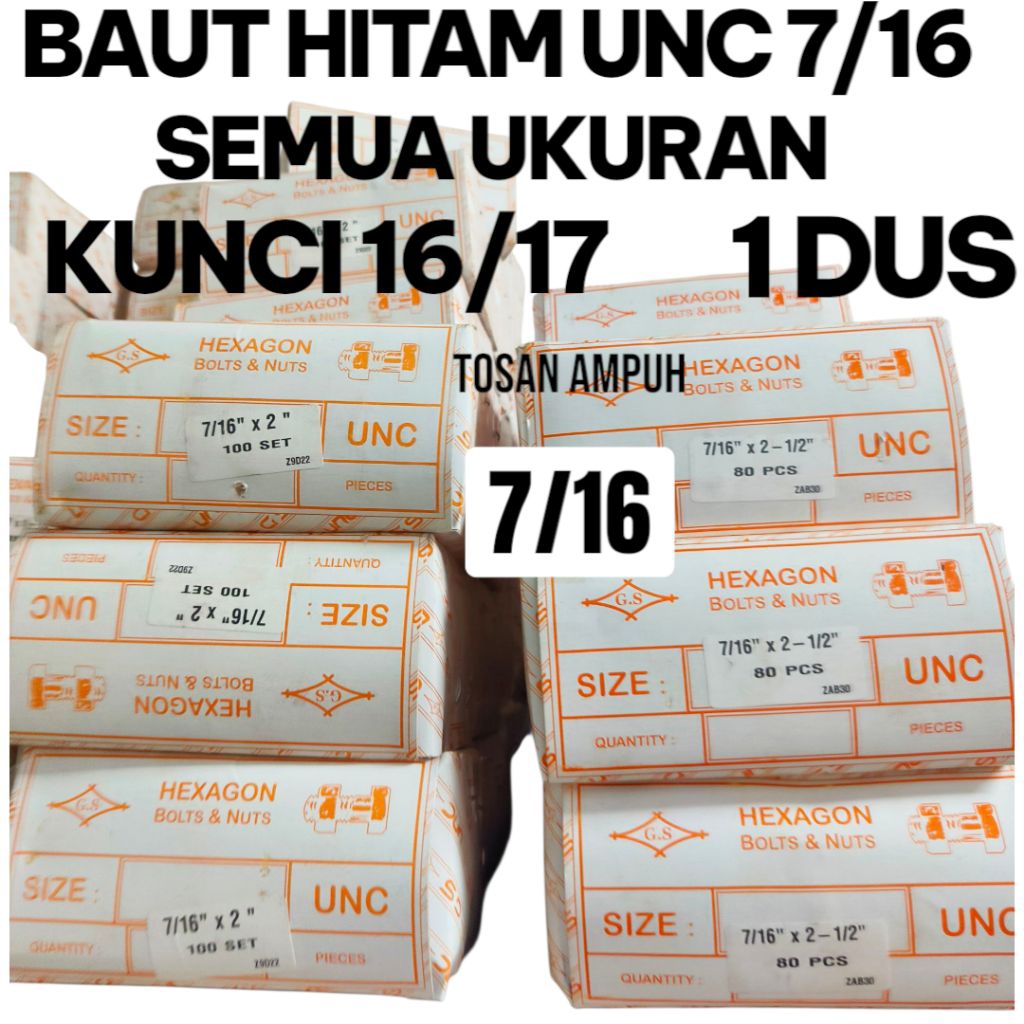 [1DUS] BAUT HITAM 7/16X 1INCH - 6INCH BAUT UNC BAUT NC BAUT KUNCI 16 / KUNCI 17