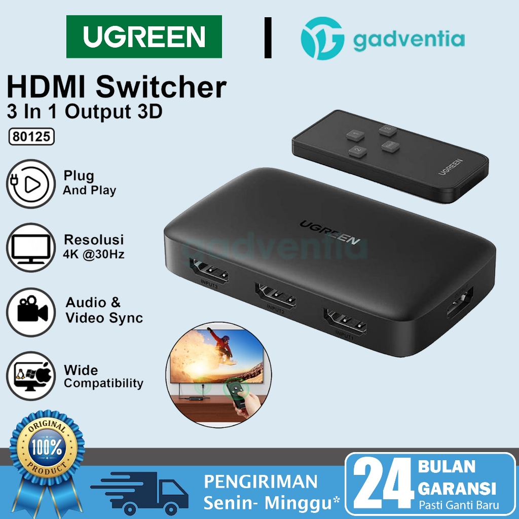 Ugreen Hdmi Switcher 3 In 1 Out 4K Uhd With Remote Control Laptop Ps4 Ke Monitor Tv 80125