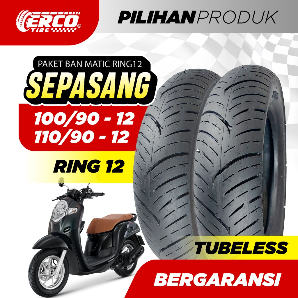 Paket Sepasang Ban Motor Scoopy Ring12, FD GRIPP ERCO 100/90-12 dan 110/90-12, Tubeless, Ban matic R