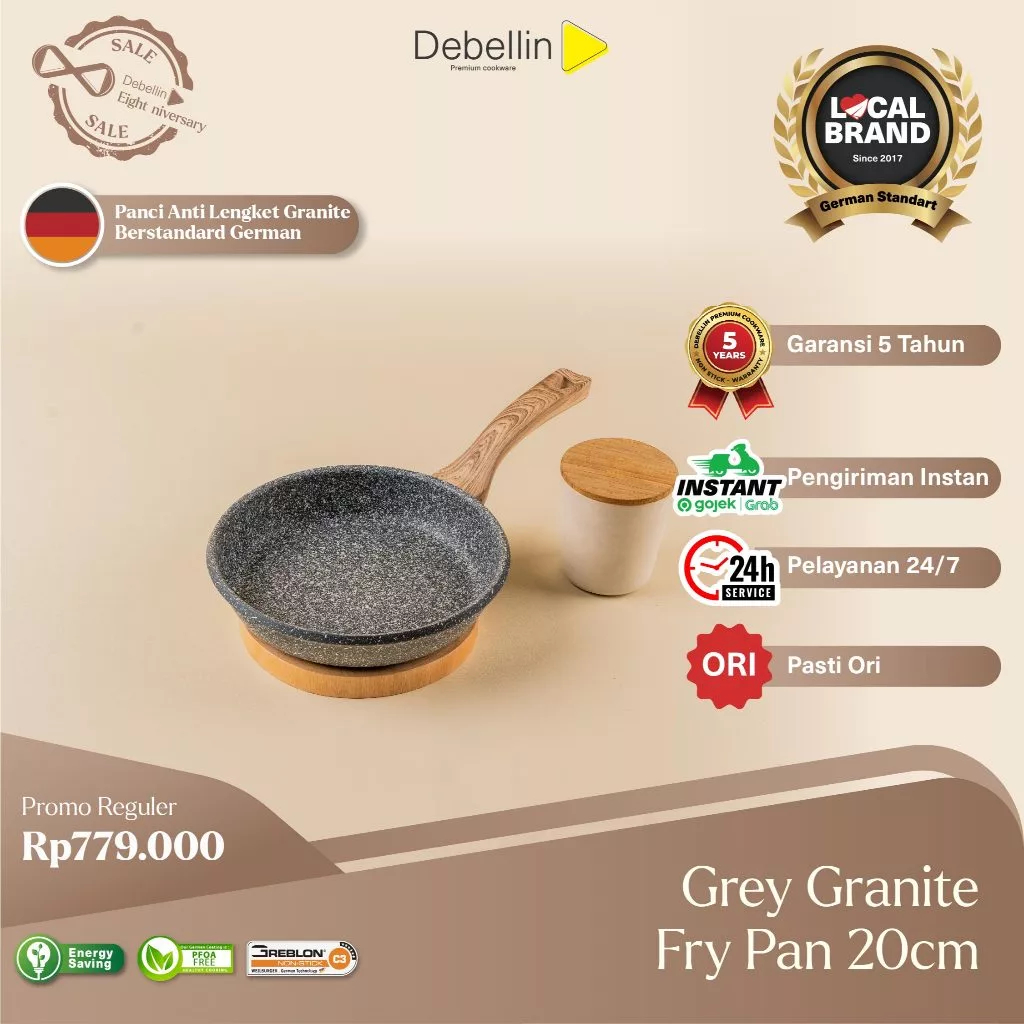 Debellin Fry Pan 20 cm - Grey Granite Cookware Series atau Penggorengan Anti Lengket Premium / Debel