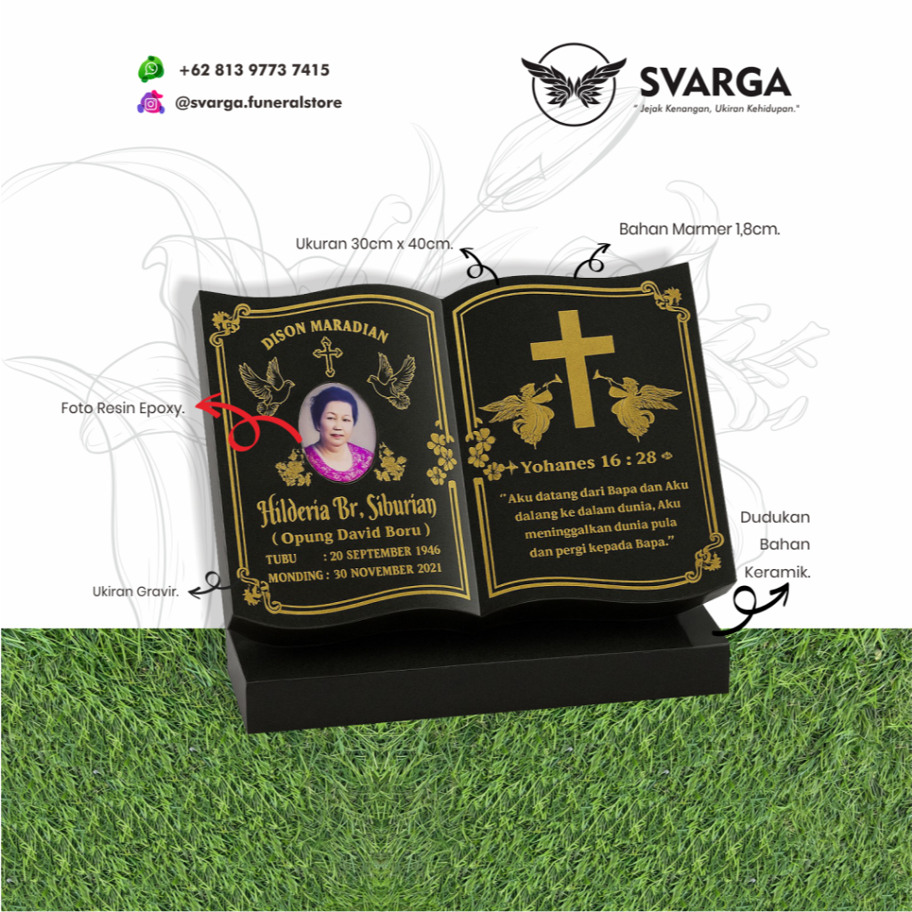 BATU NISAN DUDUK BENTUK KRISTEN BUKU 30x40cm FOTO RESIN EPOXY | CUSTOM GRANITO / MARMER