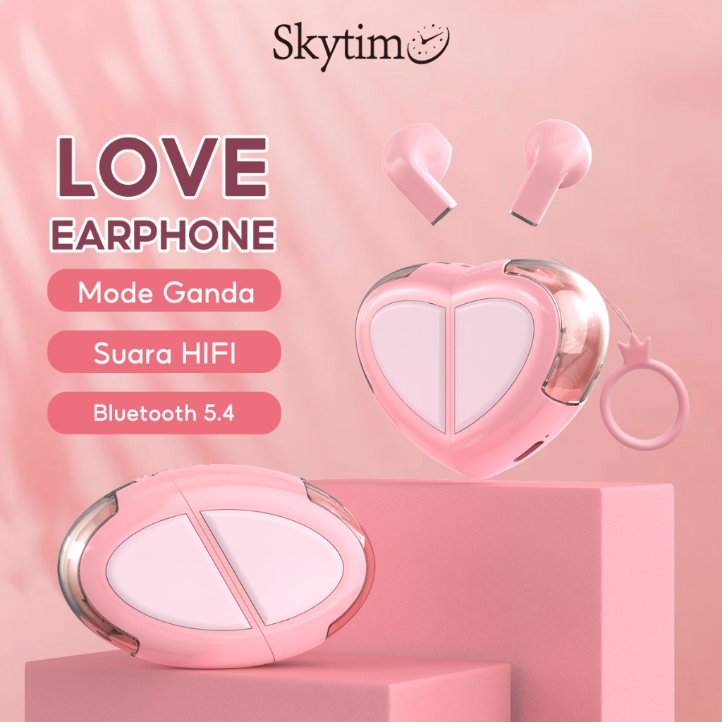 Skytime Earphone Bluetooth 5.4 Love Heart Mini Earbuds 2 Ways Model Bass Suara HIFI TWS Headset Cute