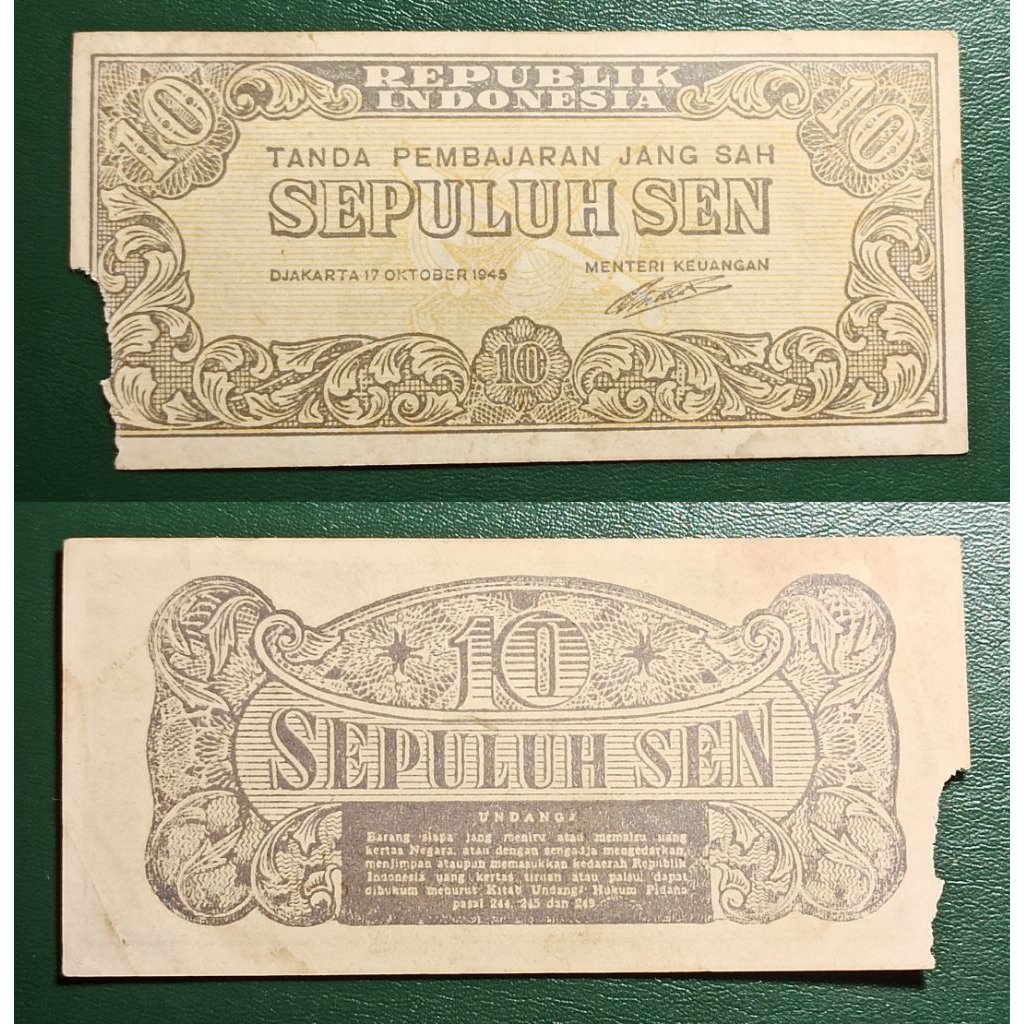 uang kuno Indonesia 10 sen tahun 1945 p1088