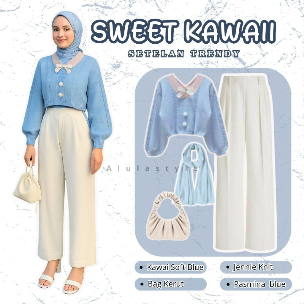 Setelan Sweter Crop, Celana Kulot, Hijab, Handbag - Setelan fashion wanita - Ootd Crop sweater LA082
