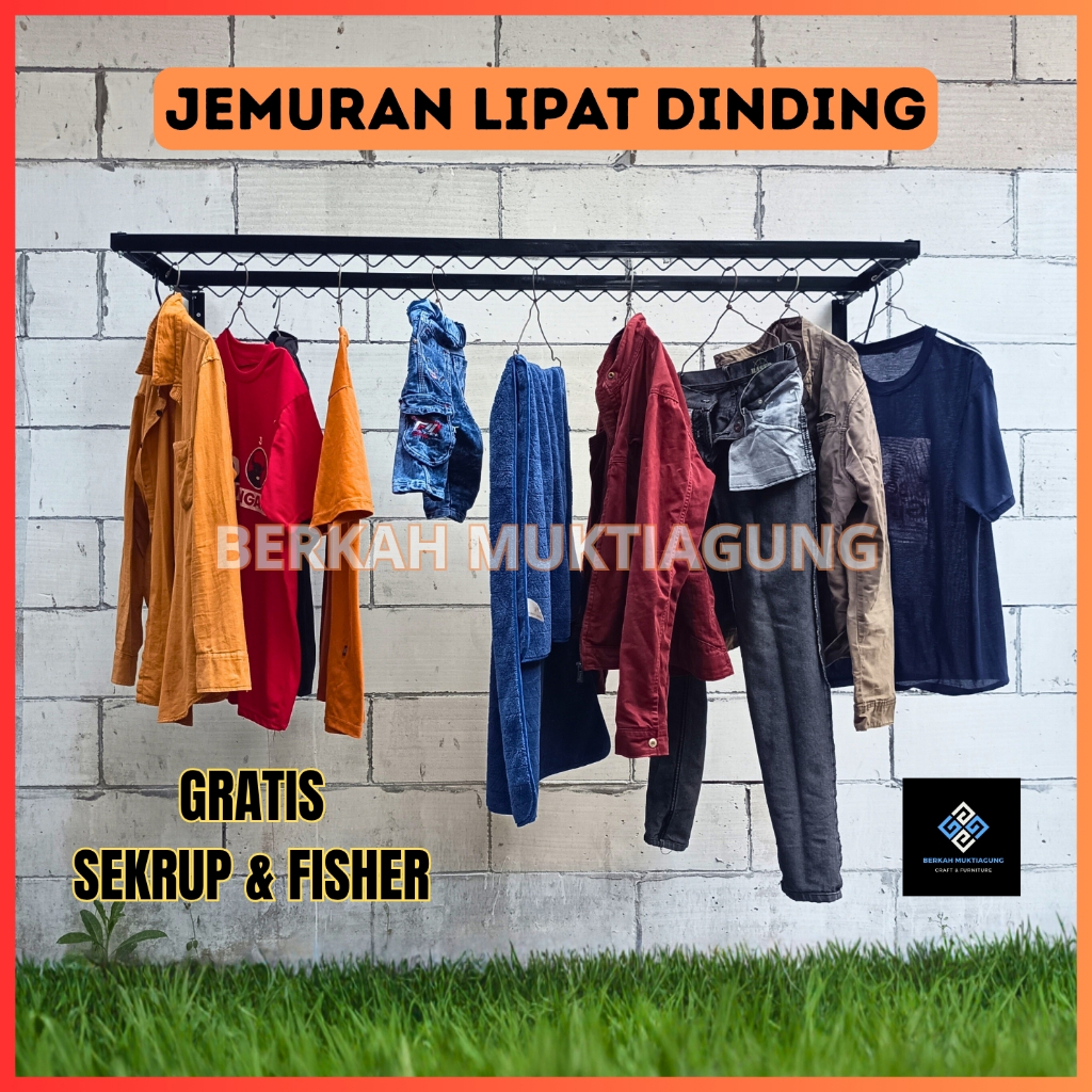 Jemuran Tempel Dinding Model Lipat Bahan Besi Galvanis Ukuran 1.5 Meter