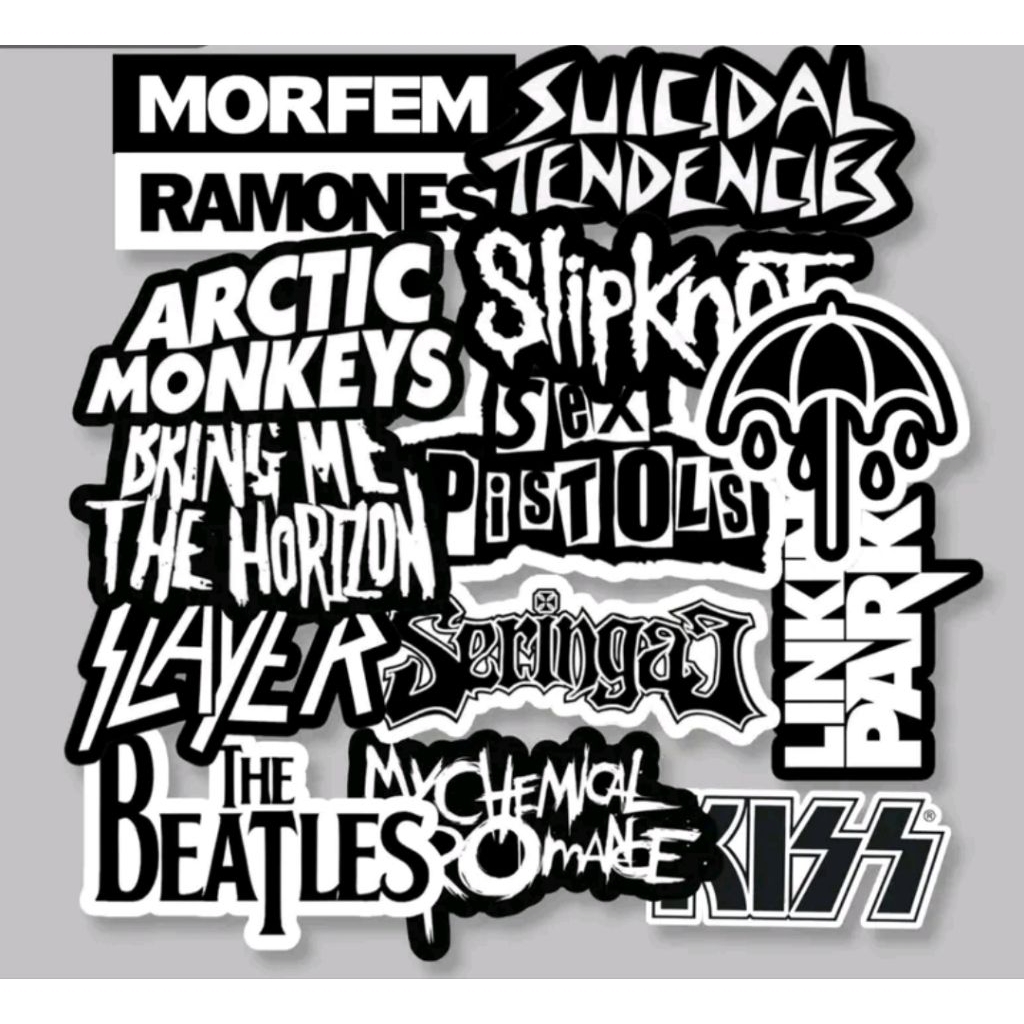 

Stiker Band Rock Metal 15pcs Hitam Putih Anti Air untuk Laptop, Helm, Tumbler