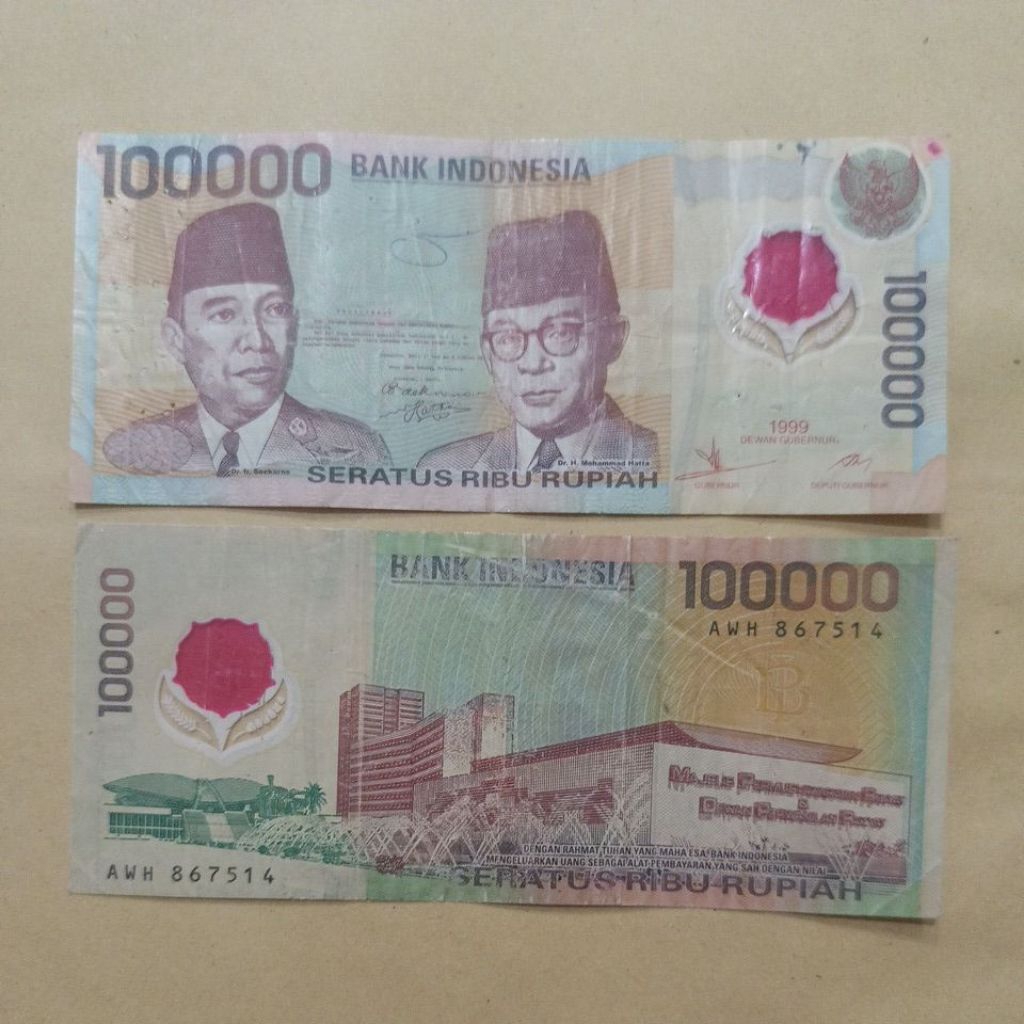 Uang 100.000 Rupiah Sukarno Hatta Polimer 1999