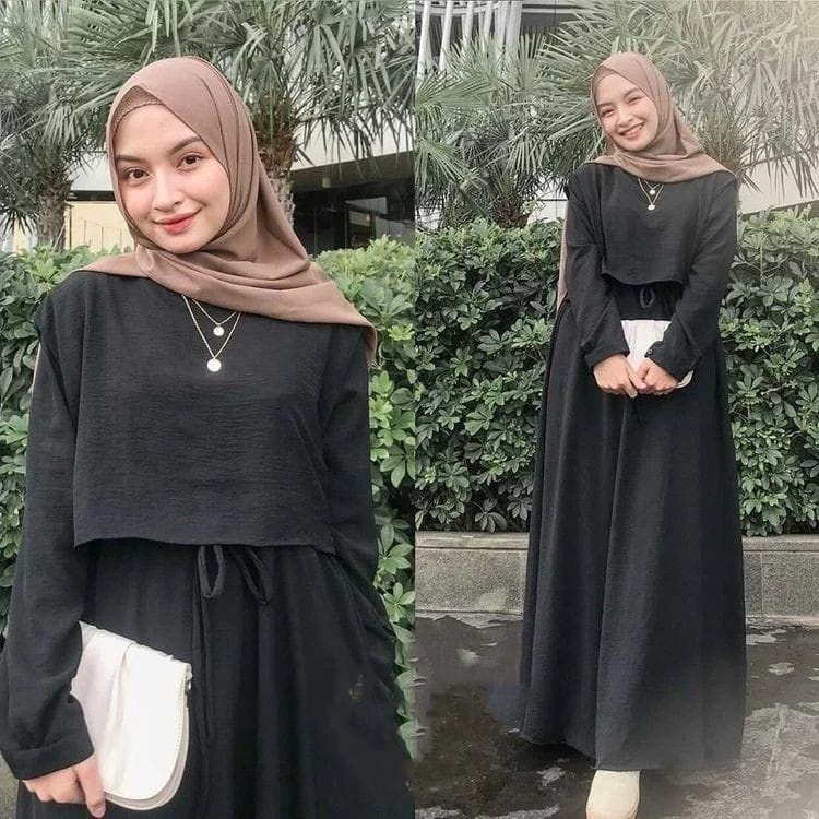 Gamis Hitam Simpel set 2 in one inner outer gamis remaja black kondangan dewasa polos busui frendly