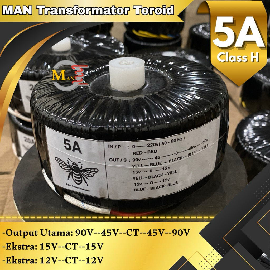 Trafo Toroid Donat 5A CT 90v 45v (Class H) (Lengkap Baut Pemasangan dan Stiker)