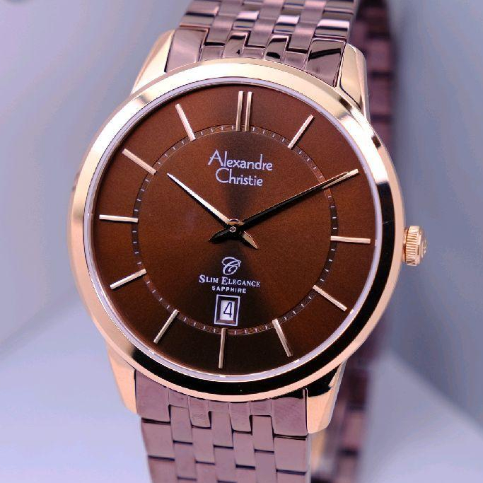 Alexandre Christie Pria Original Warna Brown Rose Gold - Desain Slim - Kaca Sapphire - All Solid Sta